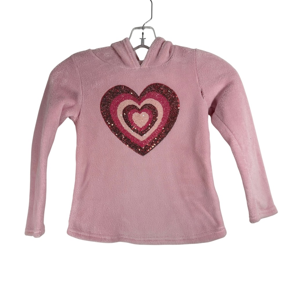 Isaac Mizrahi New York Girls Pink Fleece Sequin Heart Hoodie Size S 5/6